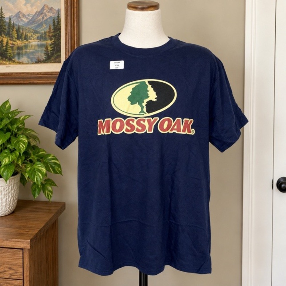 Mossy Oak T Shirt Mens Large Navy Blue Big Logo Graphic Hunting Outdoor Tee